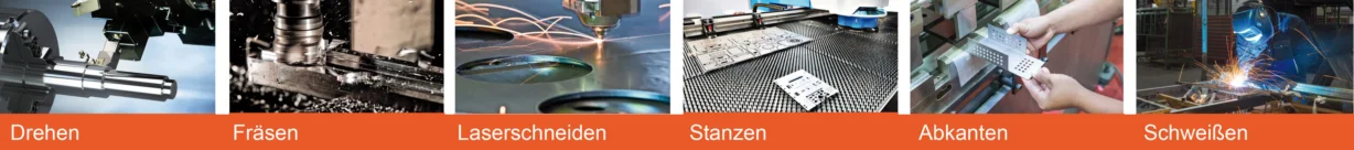 Fertigungskompetenzen: Drehen, Fräsen, Laserschneiden, Stanzen, Abkanten, Schweißen Bildübersicht der TS Technic Fertigungsschritte: Drehen, Fräsen, Laserschneiden, Stanzen, Abkanten und Schweißen