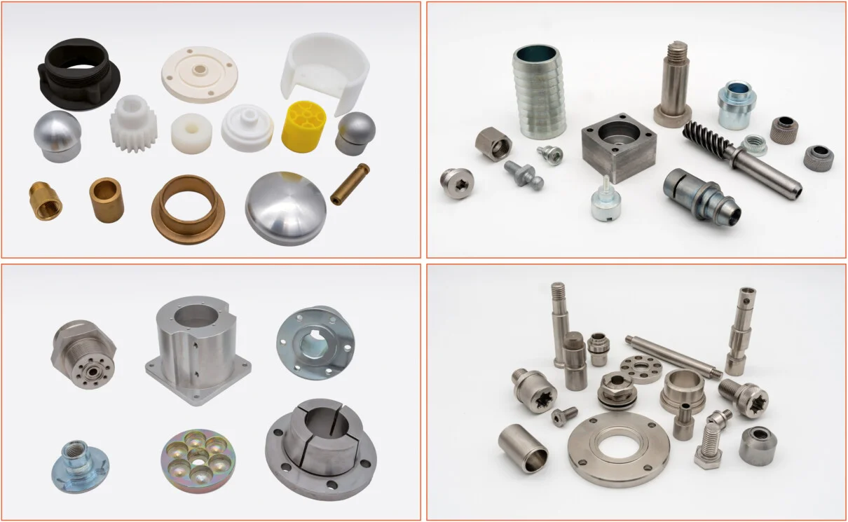 CNC-gefertigte Drehteile – freigestellt Vielfalt präziser CNC-Drehteile aus Metall, freigestellt auf weißem Hintergrund
